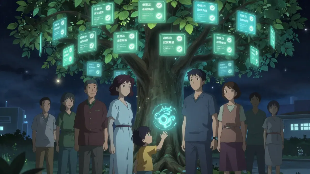 Survivors stand under a digital tree with screening schedule leaves, a smartwatch alerts them, and an AI dragon hovers nearby.