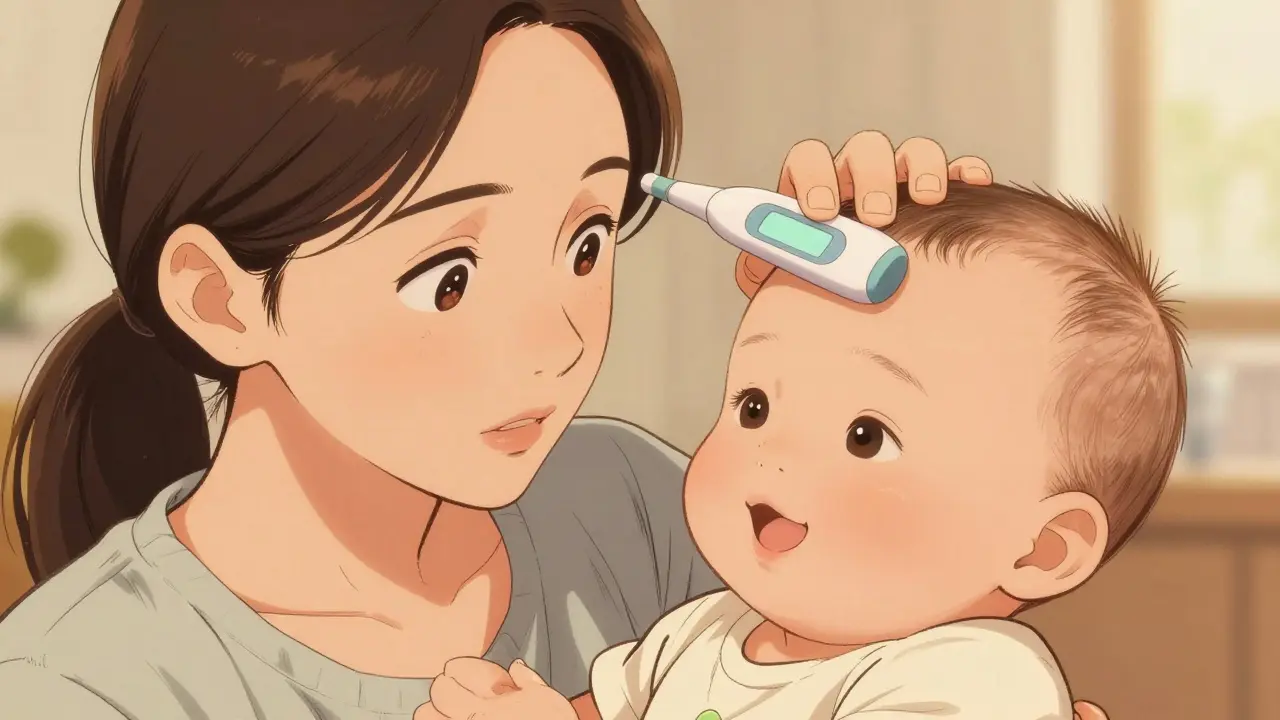 Woman checking infant forehead temperature with medical device