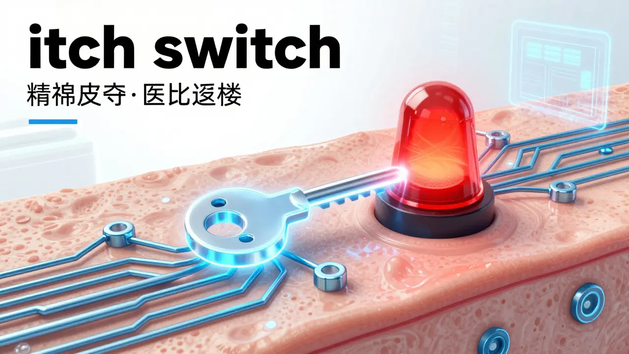A conceptual biological circuit showing a molecular key turning off an itch signal.