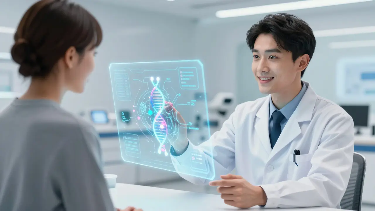 A doctor and patient viewing a holographic genetic map for personalized medicine.