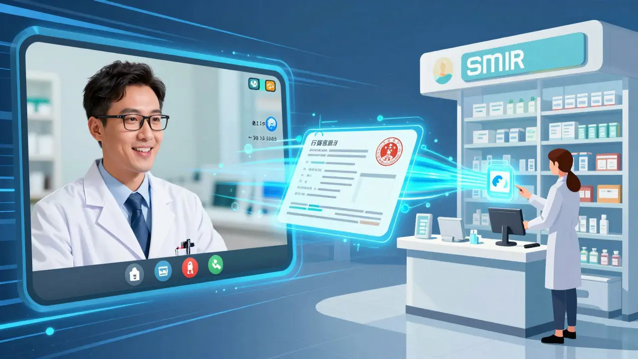 A doctor on a video call and a digital prescription being sent to a pharmacy.