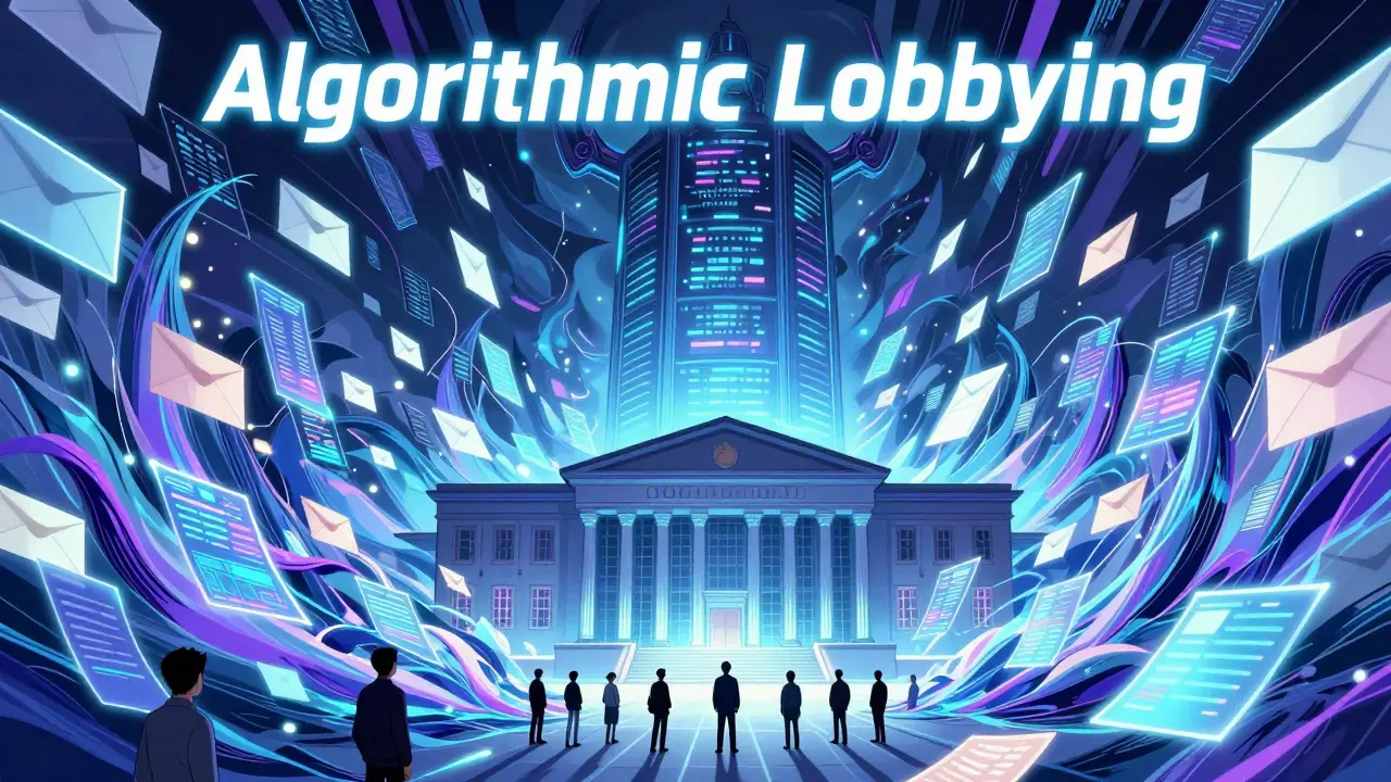 A government building overwhelmed by a tidal wave of digital data and AI-generated documents.