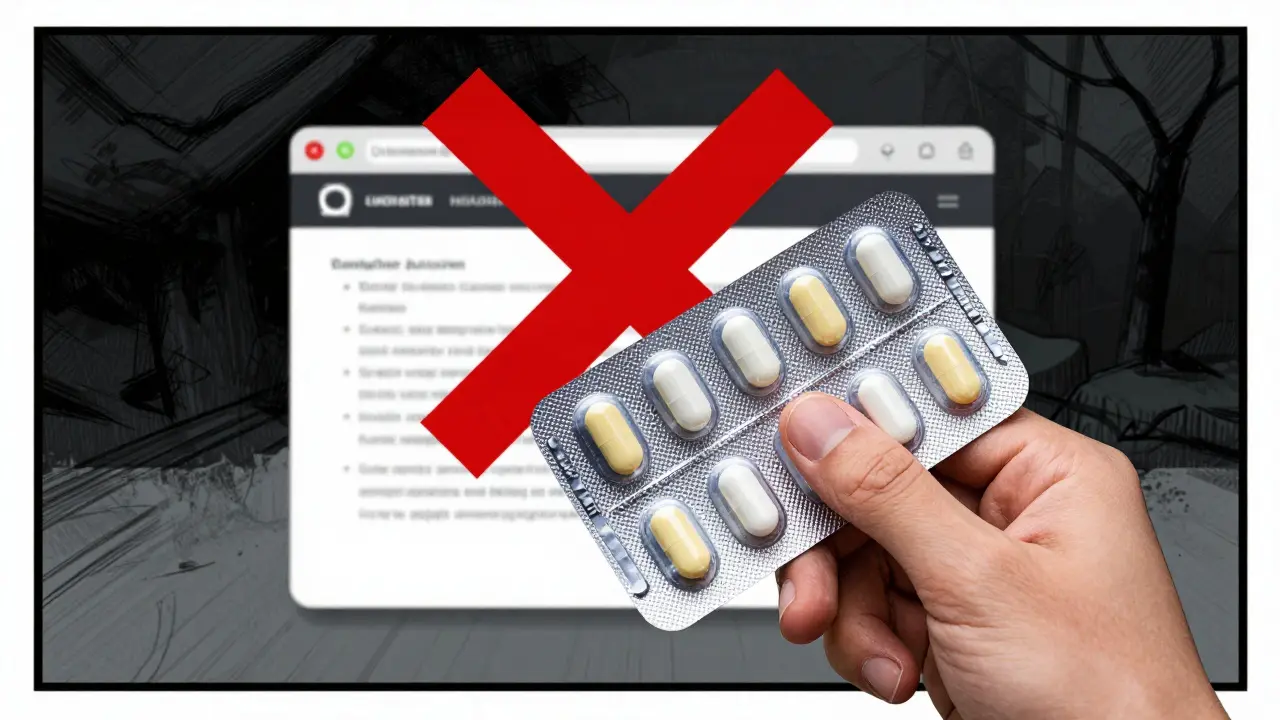 A hand holding antibiotic tablets with a red X over a suspicious website.