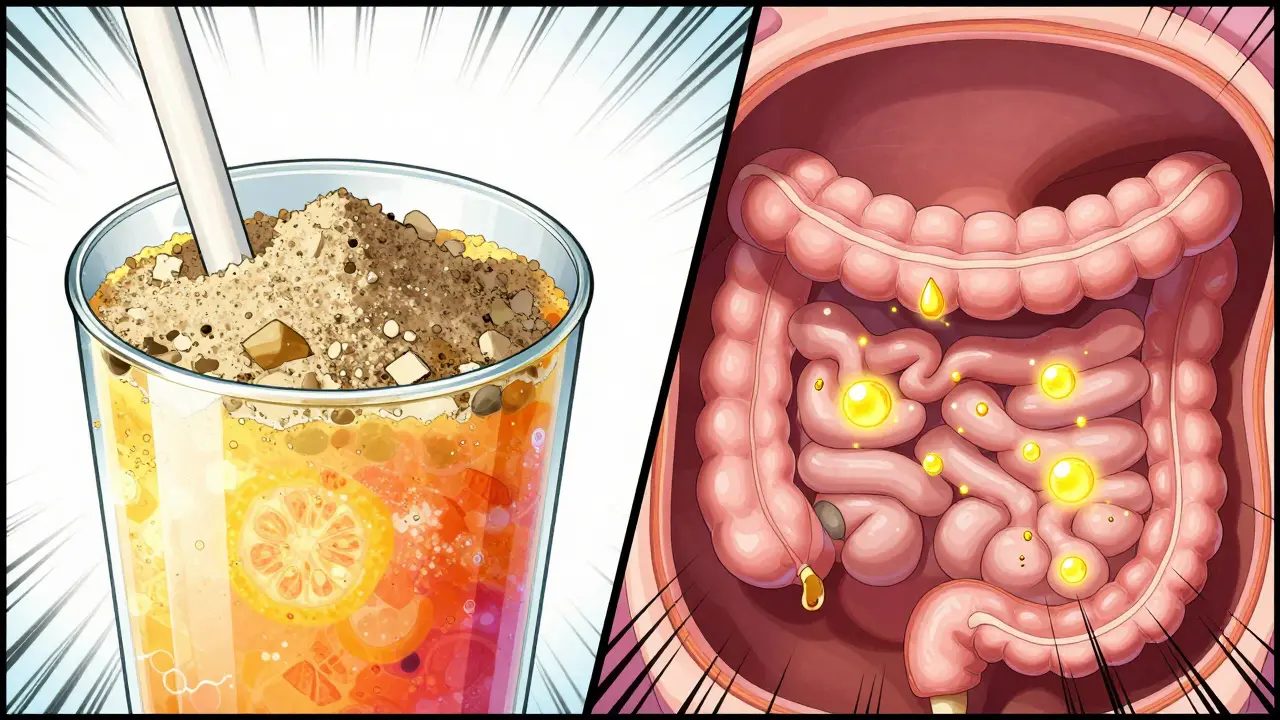 A person mixing gritty powder into a smoothie alongside a conceptual view of bile absorption.