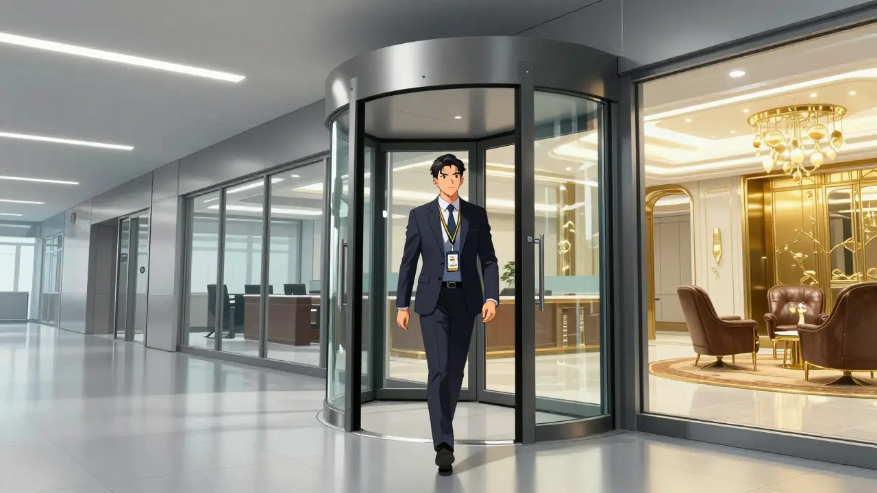 A professional walking through a rotating door from a government office to a luxury corporation.