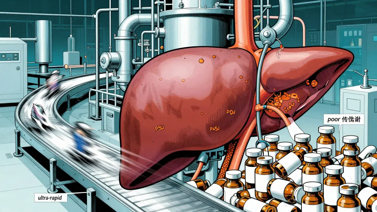 A stylized liver as a factory showing fast and slow drug metabolism processes.
