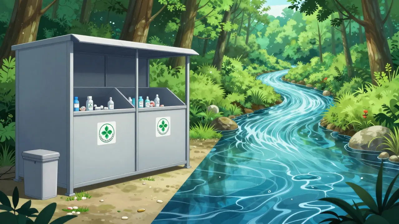 Conceptual image of a clean river and a secure drug disposal facility