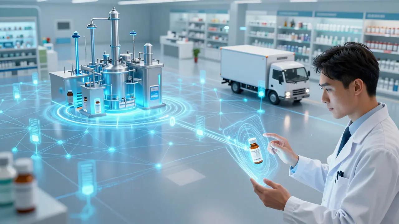 Futuristic blockchain network connecting drug manufacturers and pharmacies for safety tracking.