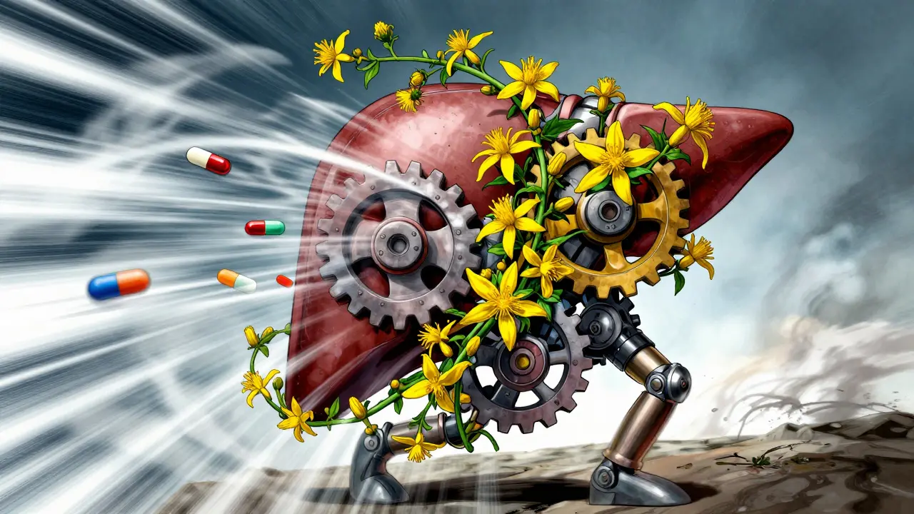 Manhua illustration of St. John's Wort accelerating liver enzymes and flushing out medications.