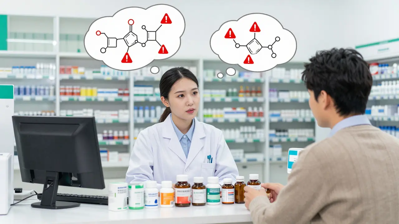 Manhua scene of a patient and pharmacist reviewing a mix of supplements and prescriptions for safety.