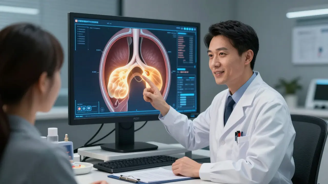 Manhua style ENT doctor explaining sinus inflammation to a patient