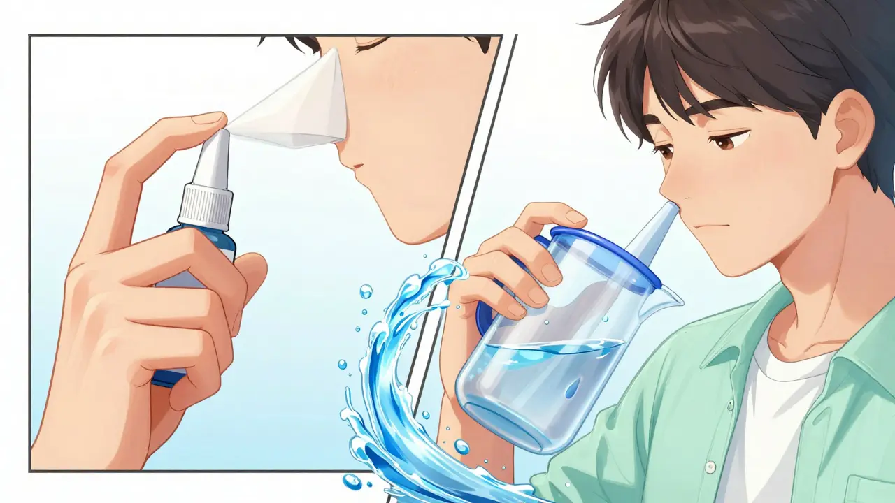 Manhua style montage of a person using a nasal spray and a neti pot
