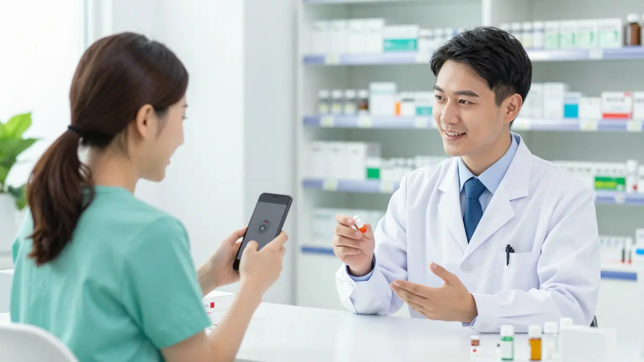 Patient having a video consultation with a pharmacist via smartphone