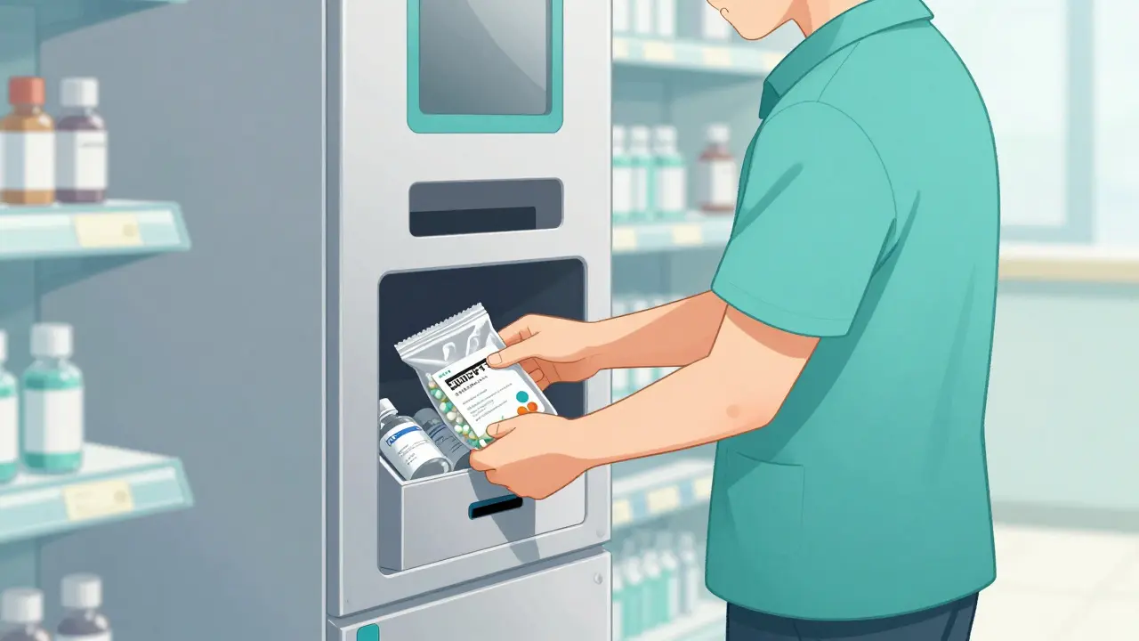 Person depositing old medications into a pharmacy take-back kiosk