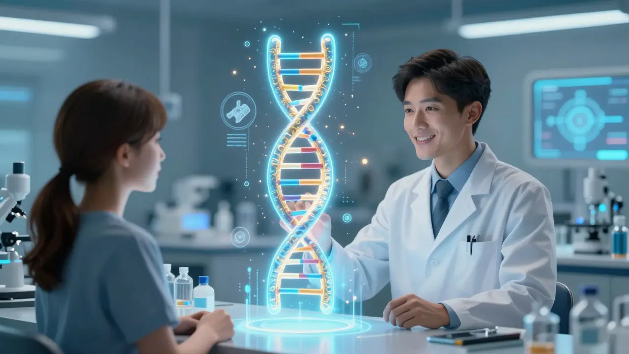 Pharmacist and patient looking at a holographic DNA strand for personalized medicine
