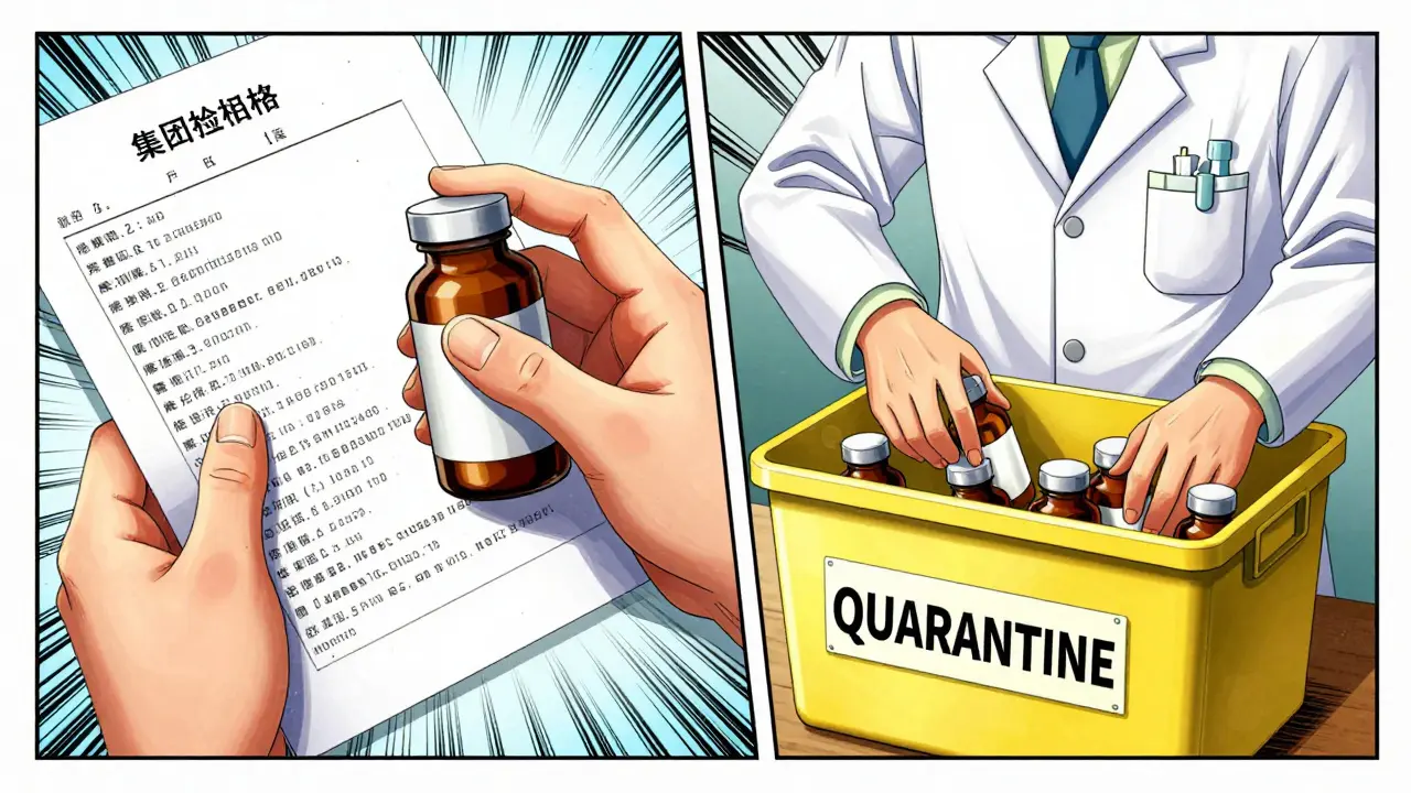 Pharmacist checking lot numbers and placing recalled medicine into a quarantine bin.